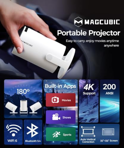 Image of Magcubic Mini Projector with WiFi and Bluetooth, 4K Support Smart Portable Projector, Small Proyector with 200ANSl & AutoKeystone, 180 Rotation HY300Pro Video Proyector for Bedroom, Movie, Outdoor