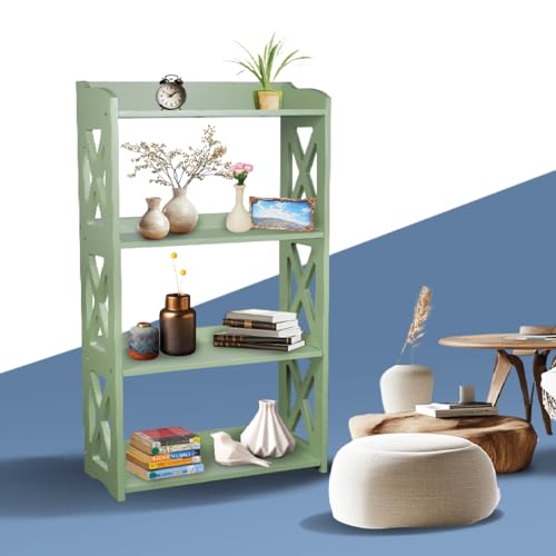 Image of Green Bookcase by Natural Wood, 4 Tier Bookshelf, Small Book Shelves Freestanding Display Storage Shelves. Open Bookshelf for Bedroom, Living Room and Office (Green, 4 Tier)
