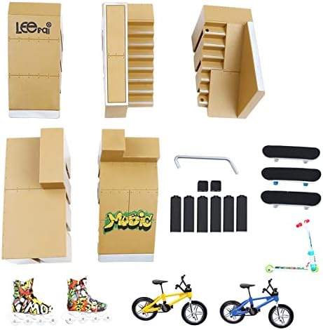 Skate Park Kit, Skate Park Kit Ramp Parts for Finger Skateboard Park Kit Part Training Props with 3 Finger Decks 2 Finger Bike Skates Scooters