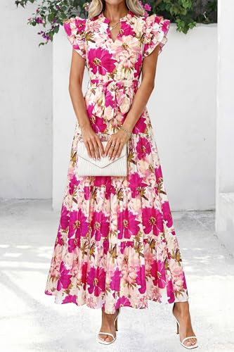 dowerme Women Summer Maxi Dresses 2026 Ruffle Sleeve V Neck Floral Boho Long Dress Belted Tiered Sundress with Pockets(White Pink Flower,XX-Large) — view 4