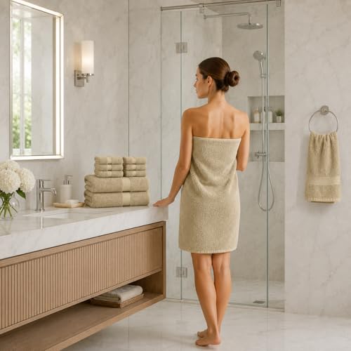 Image of Sulfar 100% Combed Cotton, 8 Pcs Towel Set - 2 Bath Towels (70 x 140 cm), 2 Hand Towels (40 x 70 cm) and 4 Washcloths (30 x 30 cm) (600 GSM, Pack of 8) Beige