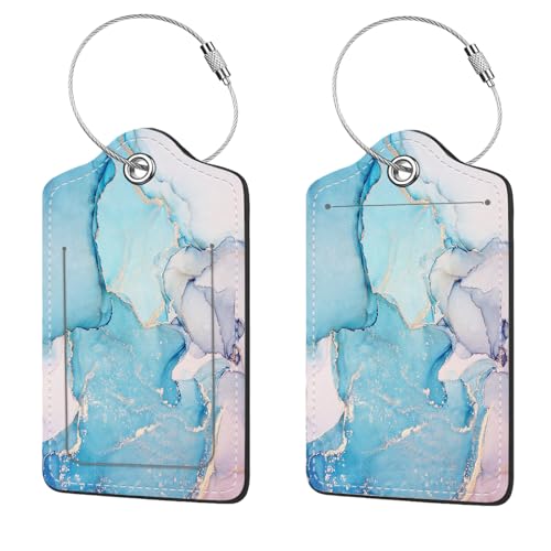 2 Pcs Luggage Tags for Suitcase, Cute Unique PU Leather Travel Bag Tag with Privacy Cover ID Label Address Card and Durable Metal Ring Suitable for Men Women Children Backpack,Blue Marble