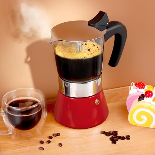 Image of Induction Moka Pot, 6 Cups (10.6 oz) Crystal Glass-Top & Stainless Steel Moka Pot, Classic Stovetop Espresso Maker, Red