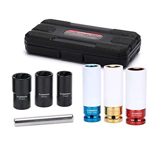 CASOMAN 7 Pieces 1/2" Dr. Twist Socket & Thin Wall Deep Wheel Protector Impact Socket Set, 17mm, 19mm, 21mm, CR-MO