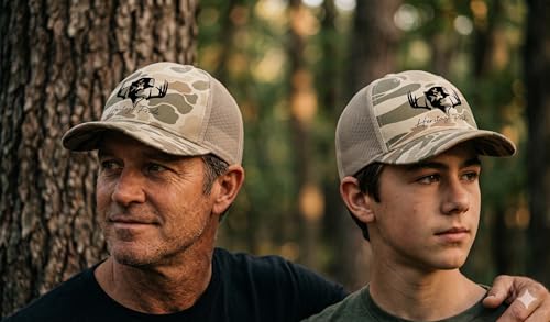 Image of Heritage Pride Deer Hunting Fishing Duck Hunt Mens Embroidered Mesh Back Trucker Hat, Harvest Duck Camo /Light Tan
