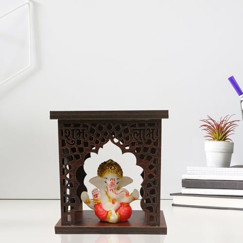 Image of EXPLEASIA Mukut Ganesha Idol with Wooden Temple with Rakhi for Home mandir| car Dashboard| Gift Items | Festival Item| showpiece| Temple Decor