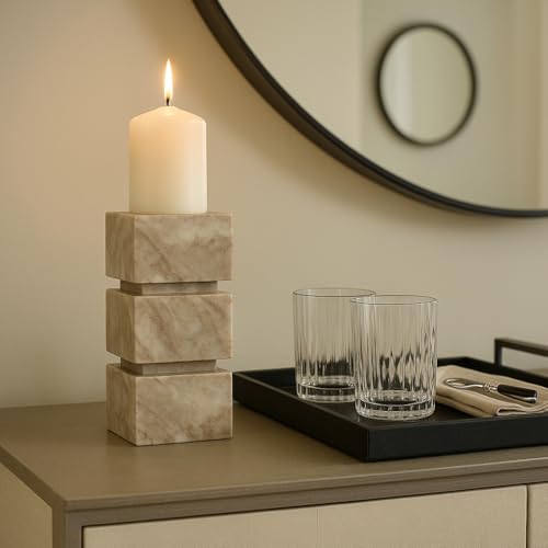 Onyx Marble Candle Holder – Candlestick Holders and Taper Candle Holders for Ambient Light, Table Decor for Mantle, Shelf, or Console, Home Decor Sculptural Stacked Cubes – 8", Ivory and Tan by Sagebrook Home - Image 2