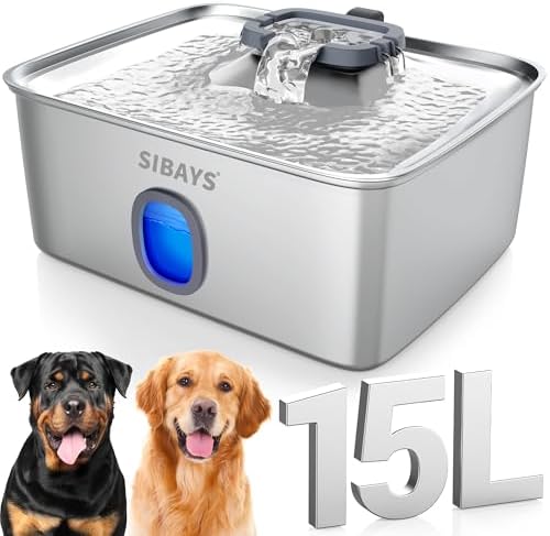 15L Trinkbrunnen für Katze, Großer Edelstahl Trinkbrunnen für Hunde mit tieferer & breiterer Trinkfläche, Ultra-leiser Katzenbrunnen mit LED & Sichtfenster - Ideal für große Hunde,