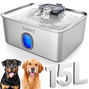 SIBAYS 15L Large Dog Water Fountain, Stainless Steel Cat Water Fountain with Visible Window & Smart LED Reminder, Ultra Quiet Automatic Pet Fountain for Large Dogs & Multi-pet, Easy to Clean, FS76