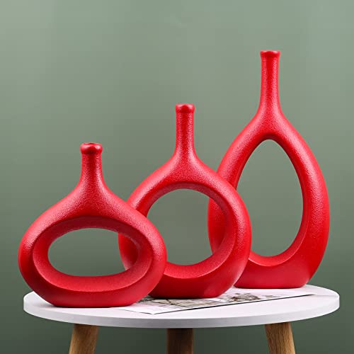 Red Flower Vase Centerpieces Ceramic Hollow Elliptical Vase Set Of 3 - Boho Circle Vase With Hole, For Modern Red Table Decor, Living Room Decor Shelf Mid Century Modern Home Entrance Decorative Vase #TOP4