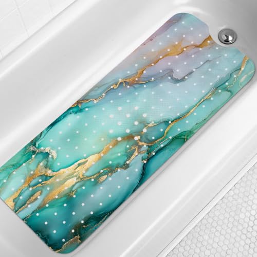 LNOND Marble Bath Tub Mat Non Slip, Extra Long 40 X 16 Inch Anti Slip Mat for Bathtub, Green Marble Shower Mat with Drain Holes and Suction Cups, Machine Washable