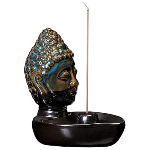Buddha Head Incense Holder for Sticks, Small Ceramic Incense Burner Healing, Meditaiong, Zen, Timer of Spa or Yoga, with Ash Catcher (Blue) Cover