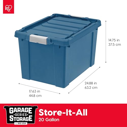 Image of IRIS USA 20 Gallon Eco-Friendly Lockable Storage Bins with Lids, 4 Pack - Made in USA, Heavy Duty, Stackable Containers, Garage Organizing Bins Moving Tubs, Rugged Sturdy Equipment Utility Box - Navy