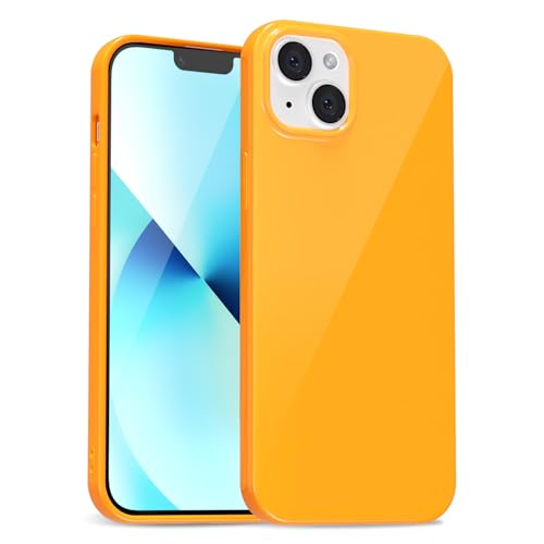 uvcoat for iPhone 13 Mini Case Silicone, Glossy Cute Jelly Soft Rubber Gel Protective Plastic Phone Case, Thin Ultra Slim Plain Solid Color Cover for Women, Neon Orange