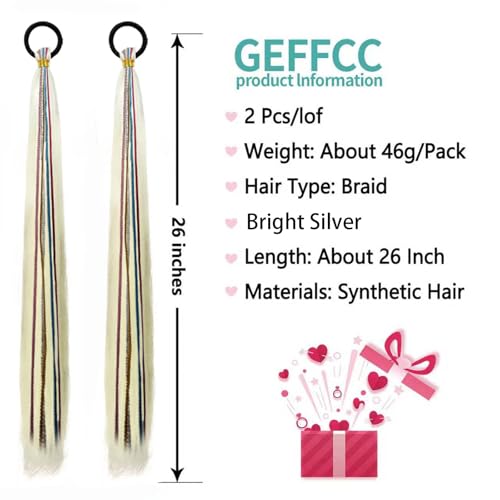 GEFFCC 2 Pack Braid Ponytail Extensions, 26 Inch Braided Ponytail Wig with Elastic Tie for Girls (Bright Silver, 26 Inch) — view 2