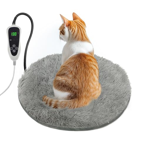 GOLOPET Cat Heating Pad, 16 in Round Pet Heating Pad,Cat Blankets for Indoor Cats Smart Temperature Control Switch Electric Steel Wire Protection Tube Plush Fabric Cover - Grey