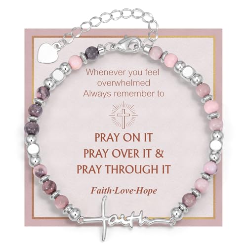 Faith Cross Bracelet for Women, Christian Inspirational Natural Stone Beaded Bracelet with Faith Words, Religious Jewelry Gift for Mother's Day Birthday Blessing Present for Mom Wife Grandma (Pink)