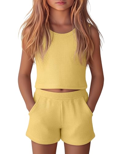 Vinsatin Girls 2 Piece Summer Outfits Waffle Set Scoop Neck Sleeveless Tank Tops Casual Teen Kids Shorts Set with Pockets(Yellow 9-10 Years)