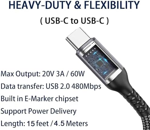 Right Angle USB-C to USB-C Cable (15FT 2PACK 60W) Long Cable — 사진 6