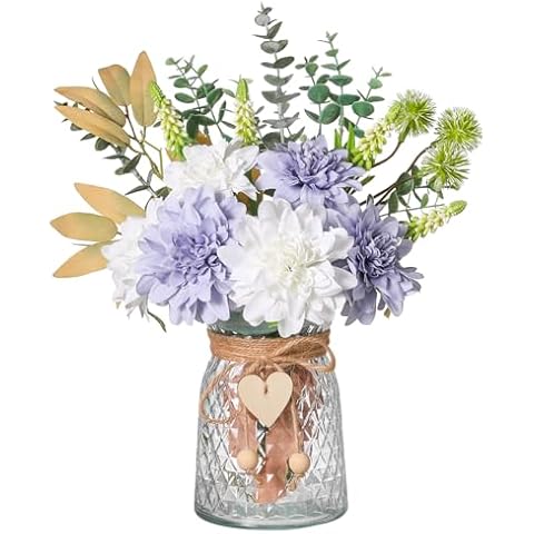 Faux Flowers with Vase Artificial Blue & White Dahlia Flowers Cover