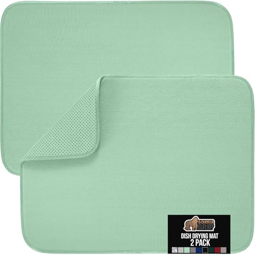 GORILLA GRIP Ultra Water Absorbent Microfiber Dish Drying Mat, 2 PK, Slip Resistant Grip Dot Backing, Fast Drying Mesh Pad for Dishes, Kitchen Sink Counter, Machine Washable Dishrack Mats, 18x16, Mint