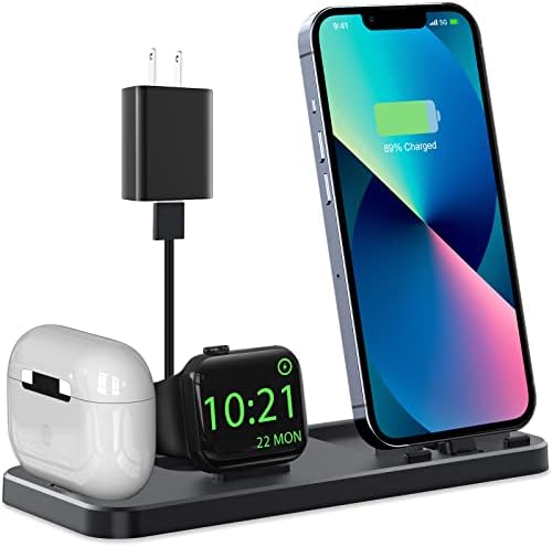3 in 1 Charging Station for Multiple Devices Apple Portable Charging Stand for Apple Watch iPhone and AirPods Build-in Charger Charging Dock Holder for iPhone with Adapter and Cable (Black)