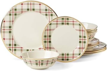 Lenox 894963 Holiday Plaid 12-Piece Dinnerware Set, Red & Green, ...