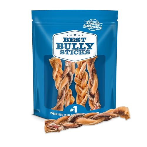 Best Bully Sticks Natural Braided Bully Sticks for Large Dogs - 6 Inch, 4 Count (Pack of 1) - 100% Free-Range Grass-Fed Beef, Single-Ingredient, Grain and Rawhide Free Long Lasting Dog Chews