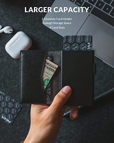 Image of VULKIT Men Card Holder Pop Up Cards Slim Leather Wallet RFID Protection Up to 12 Cards Card Case, Cross Black, One Size, Minimalist