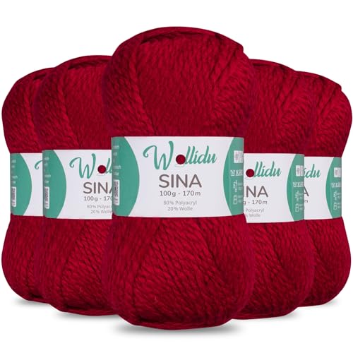 Wollidu Sina Wolle zum Stricken und Häkeln 500g Premium Strickwolle/Häkelwolle Set OEKO-TEX zertifiziert 5 x 100g/170m 80% Polyacryl 20% Schafwolle mulesing-frei - Dunkelrot