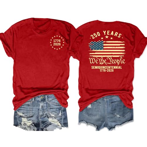 250th Anniversary USA Shirts Women American Flag T Shirt 4th of July Patriotic Shirt 250 Years Birthday Tees(Red1,X-Large)