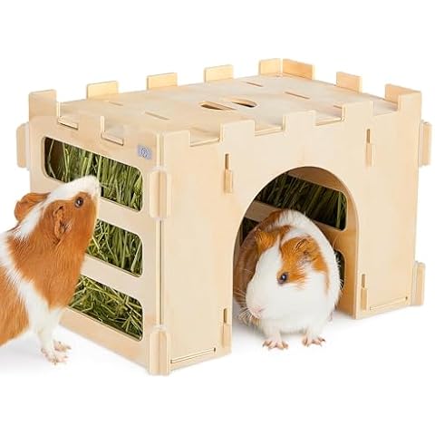 Bienbee Guinea Pig Hay Feeder, Wooden Rabbit Hay Feeder Guinea Pig Hideout Guinea Pig Cage Accessories for Bunny Chinchilla Hamster Hedgehog Small Animals Cover
