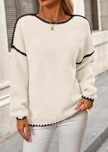 KIRUNDO Womens Sweaters 2026 Fall Oversized Long Sleeve Chunky Knit Crew Neck Contrast Stitching Pullover Winter Clothes(White, Large) — view 3