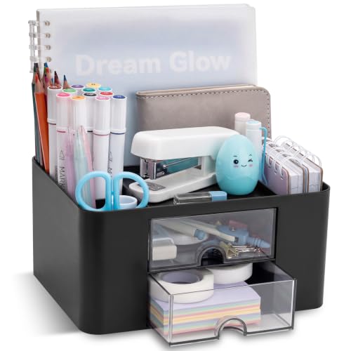 RISEMART Schreibtischorganisator mit 2 Schubladen, multifunktionaler Stifthalter für den Schreibtisch, Schreibtischorganisatoren und Aufbewahrung mit 5 Fächern, Desktop-Organizer für Büro(Schwarz)