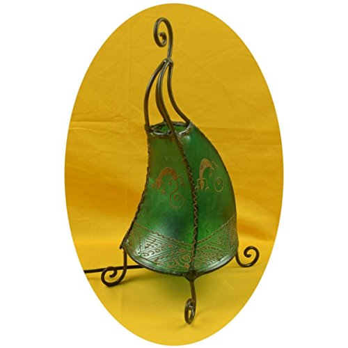 Lámpara de pie marroqui, de cuero natural tintado y pintado a mano con alheña o henna, modelo Gallo Geco 40 cm Color verde
