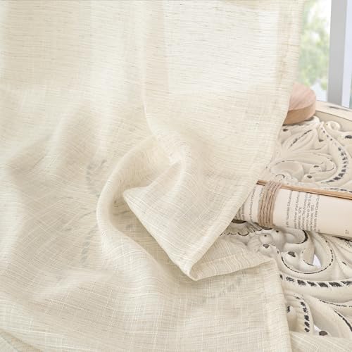 Image of BGment Short Beige Linen Semi Sheer Curtains 36 Inch Length for Cafe Windows, Small Drapes Lightweight Country Textured for Bathroom Decor Rod Pocket, 2 Panels Set, 24 Inch Wide Each Panel