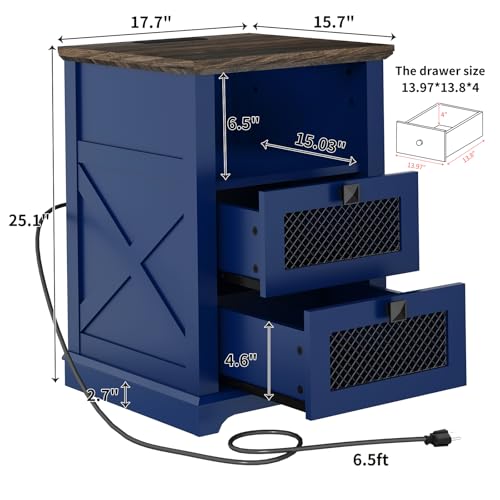 NONGSHIM Night Stand Set of 2 with Charging Station, 18 Inch Farmhouse Nightstand with Storage Shelf, Rustic Couch End Table with 2 Drawers, Wood Bed Side Tables for Bedroom, Home, Navy Blue