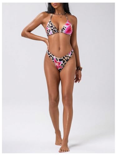 OYOANGLE Women's 2 Piece Swimsuit Leopard Print Halter Neck Tie Back Bathing Suit Triangle Bikini Set4