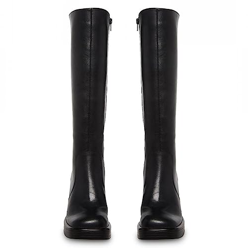 Sovanyou Black Leather Boots Platform Knee High Boots For Women Chunky Block Heeled Boots Square Toe Go-Go Boot High Heel Tall Boots Side Zip #TOP3