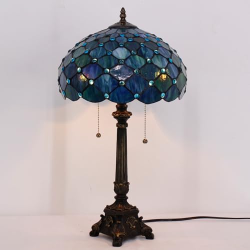 Image of 12 Inch Tiffany Stained Glass Lamp Shade Replacement Only (Blue) | Stained Glass Style Lampshade with Cap fit for Table lamp Pendant Light Ceiling Fixture