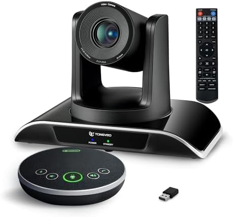 TONGVEO All-in-One Conference Room Video Camera System Bundle HD 1080P 3X Optical Zoom PTZ Camera and Bluetooth Conference Speakerphone with Microphones