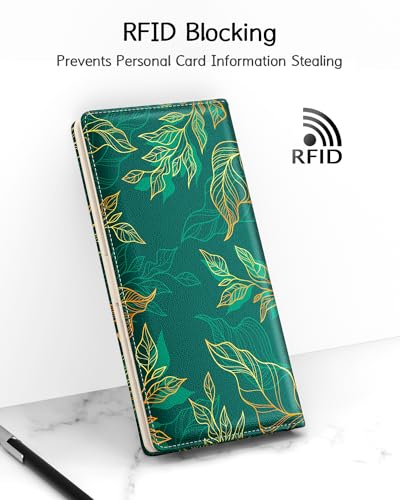 Image of Nipichsha Womens Wallet, RFID Slim Wallets for Women, Thin Ladies Credit Card Holder Purse, Cute Leather Bifold Clutch Billfold with 11 Card Slots & ID Window, Luxury Green Leaf