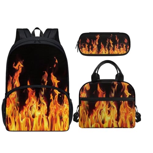 Pointodoor Kids Lunch Bag for School Red Flame Print 3 Piece School Bag Set with Lunch Bag 4-16 Boys Large Capacity Travel Book Bags Lightweight Hiking Camping Shoulder Bag for Kids