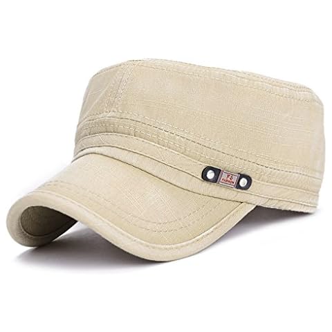 Glamorstar Unisex Cadet Army Cap Washed Cotton Military Corps Hat Flat Top Cap Beige,One Size Cover