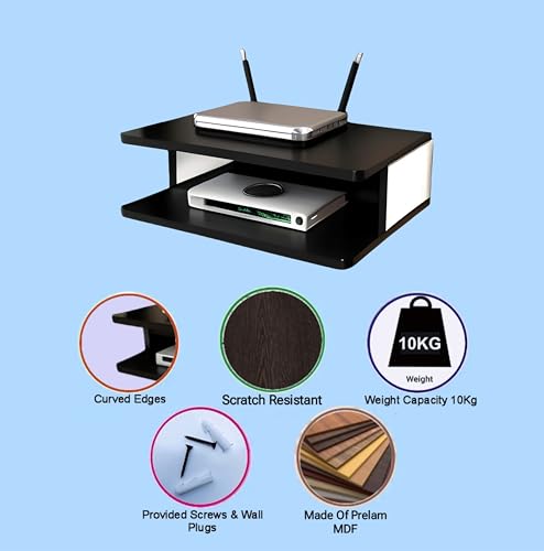 Image of Engineered Wood Set Top Box Stand TV Stand WiFi Router Rack Wall Shelf for Living Room Stylish Hanging Rack Organizer Shelf Furniture (Black & White)