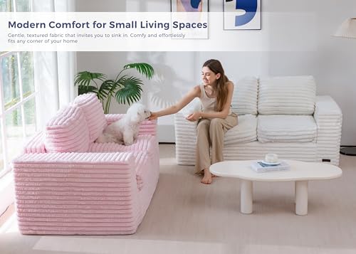 Image of MAXYOYO Loveseat Sofa Couch, Upholstered Bean Bag Chair Cloud Seat for Adults, Boneless Couch with Cushion & Pillows, Sofa in A Box, No Assembly Required, Faux Fur Pink