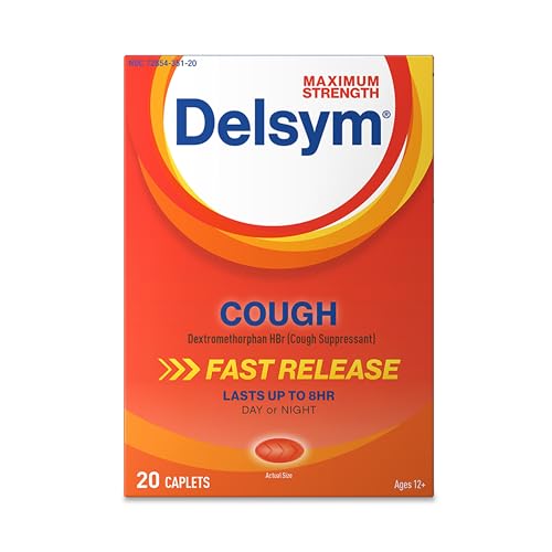 Delsym Maximum Strength Cough Suppressant, Over-the-Counter Medication for Cough, Fast Release Caplets with Dextromethorphan HBr, Cough Medicine for Adults Lasts Up to 8 Hours Day or Night, 20 Count