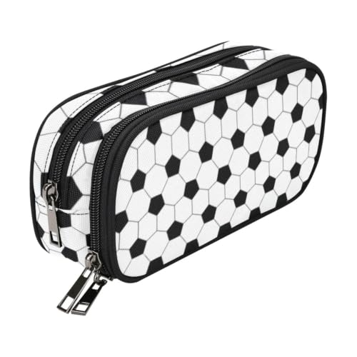 Image of Soccer Skin Pencil Pouch Case for Boys Teen Girls Women Black and White | Large Capacity, Canvas School Supplies 3 Zippers, Funny Hive Geometrc Net Office Desk Soft Organizers Pen Box