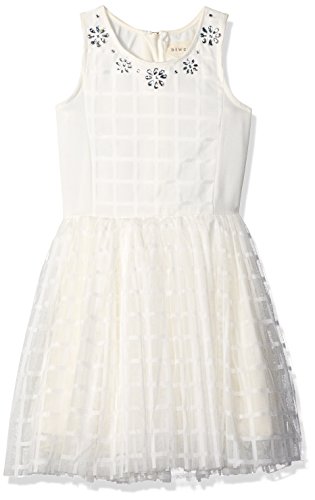 BTween Girls' Windowpane Crochet Skater Dress with Embellished Jewel Neck