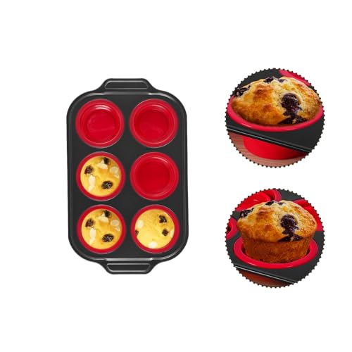 Silicone Muffin Pan Cupcake Pan for Baking, Metal Frame Muffin Tin Egg Bites Cup Egg Mold for Breakfast Sandwiches, Silicone Muffin Cups Non Stick Donut Cupcake Molds, 6 Cups Red